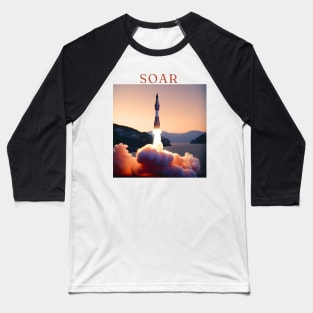 "Solar Soar - Majestic Rocket Launch Tee, Sunset Horizon Design, Vibrant Red, Orange, and White T-shirt, Inspirational 'Soar' Motif, Aesthetic Space Exploration Shirt" Baseball T-Shirt